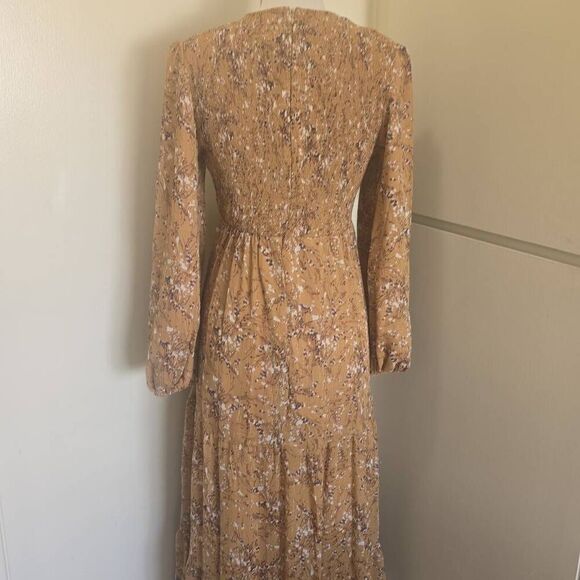 Lorraine Beige Chiffon w/ Mini Floral Prt. Gold Threads, Bohemian Dress, NWT, 12 - Picture 7 of 11